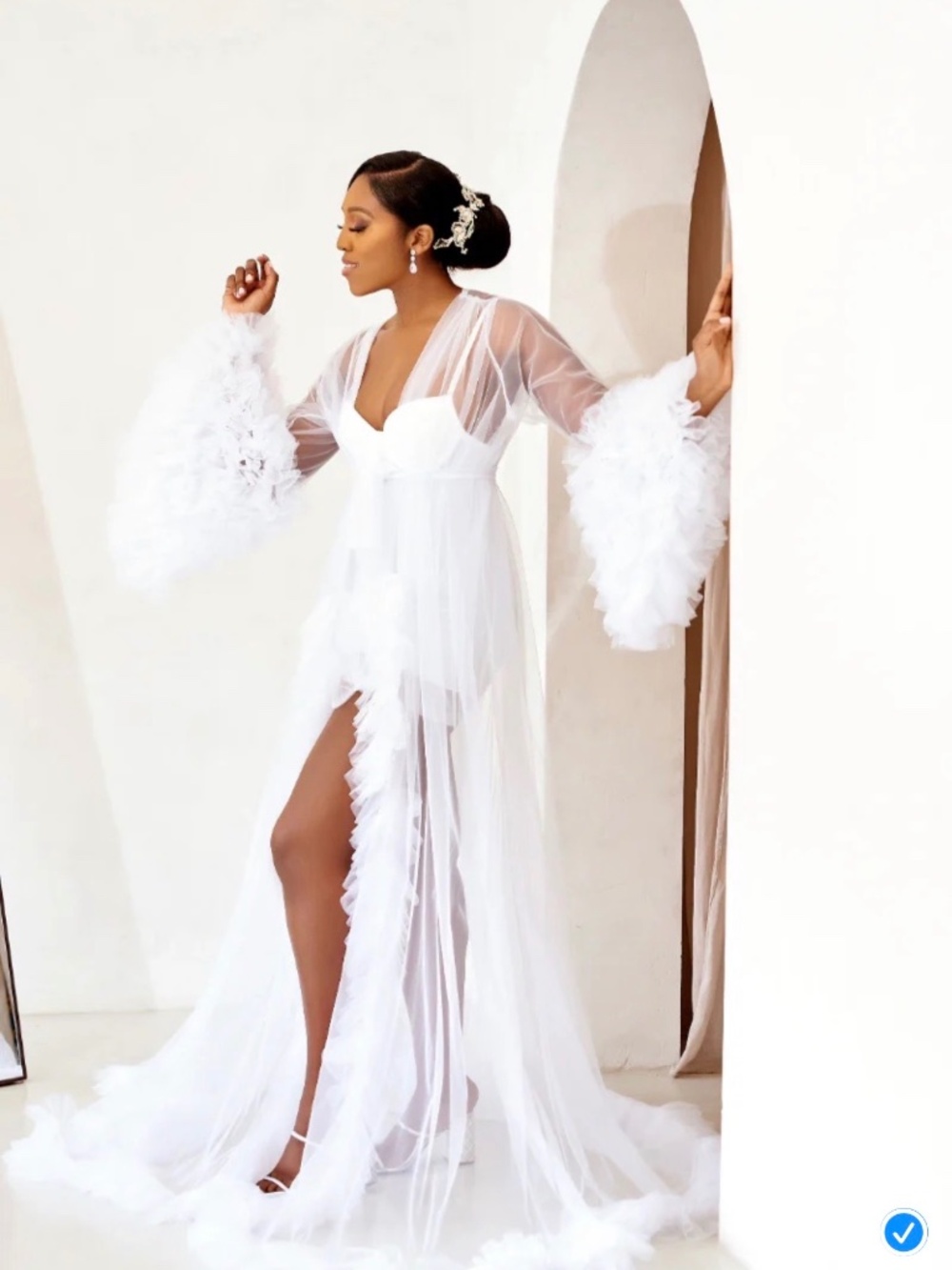 White Sheer Bridal Robe Feather Trim Long Tulle Wedding Getting Ready Robe